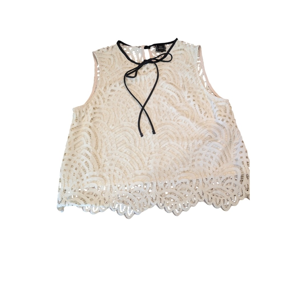 Zara Collection Sleeveless Top Ivory Lace Tie Neck Size Small Scalloped Hem